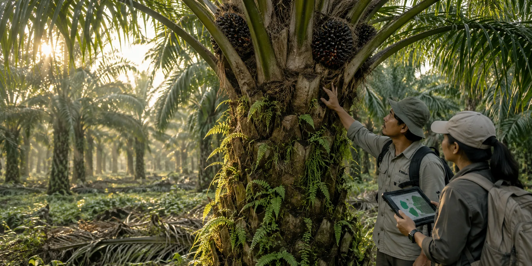 Agronomists verifying an oil-palm observation in the field